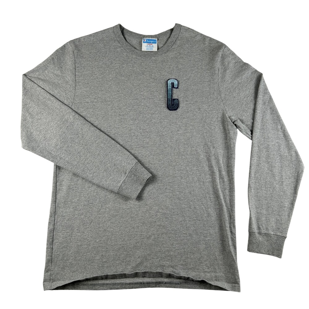 Champion Shirt Womens Large Gray Long Sleeve C Patch Logo Crew Neck Tee Top